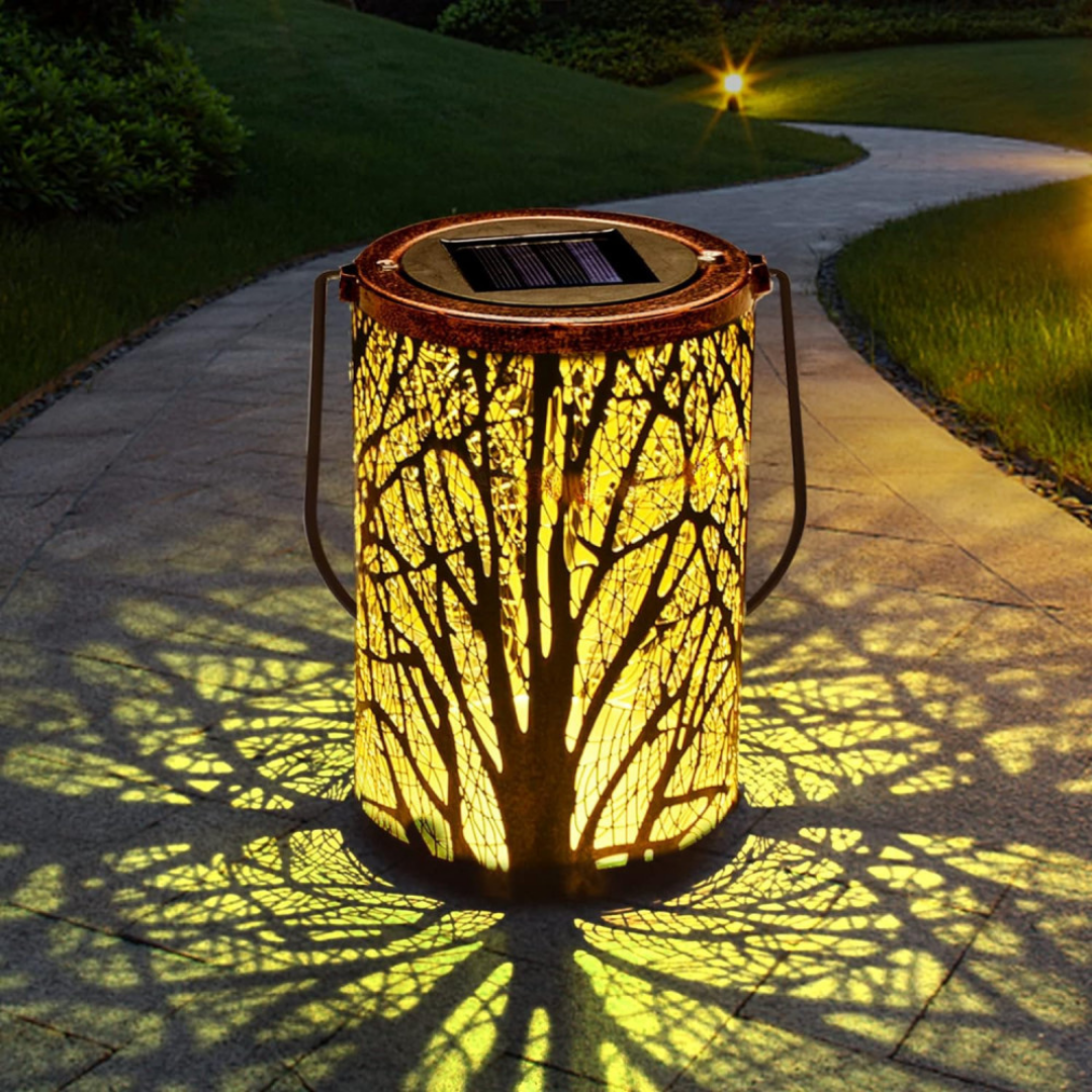 Lampa Solara, tip Felinar, IP44, Model Copac, Rezistent la Intemperii, Maner de Agatare, Lumina Alb Cald