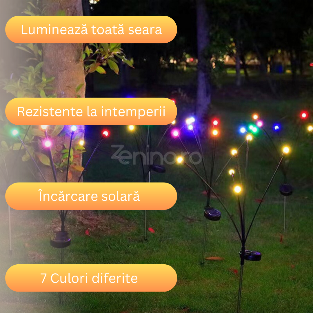 Lampa Solara 6 Bulbi, de Gradina, Tip Licurici, RGB, IP65, Fixare in Pamant, Lumina Multicolora, Autonomie 8h, 70 cm, Negru