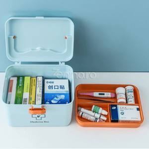 Organizator Medicamente, Compartiment Detasabil, Portabil, Inchidere Securizata, 21x15x15.5cm, Alb, Roz, Albastru