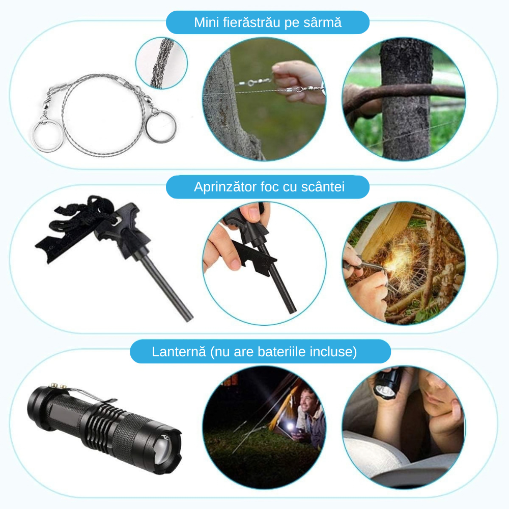 Kit Supravietuire cu Borseta, Lopata, Lanterna, Folie Izoterma, Multifunctional