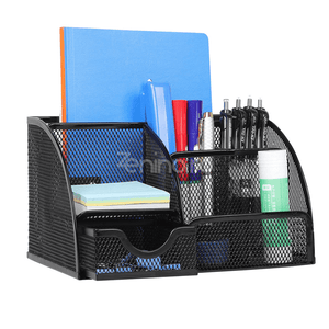 Organizator de Birou, 7 Compartimente, pentru Pixuri, Foi, Accesori Mici, din Plasa Metalica, 22x13cm, Negru