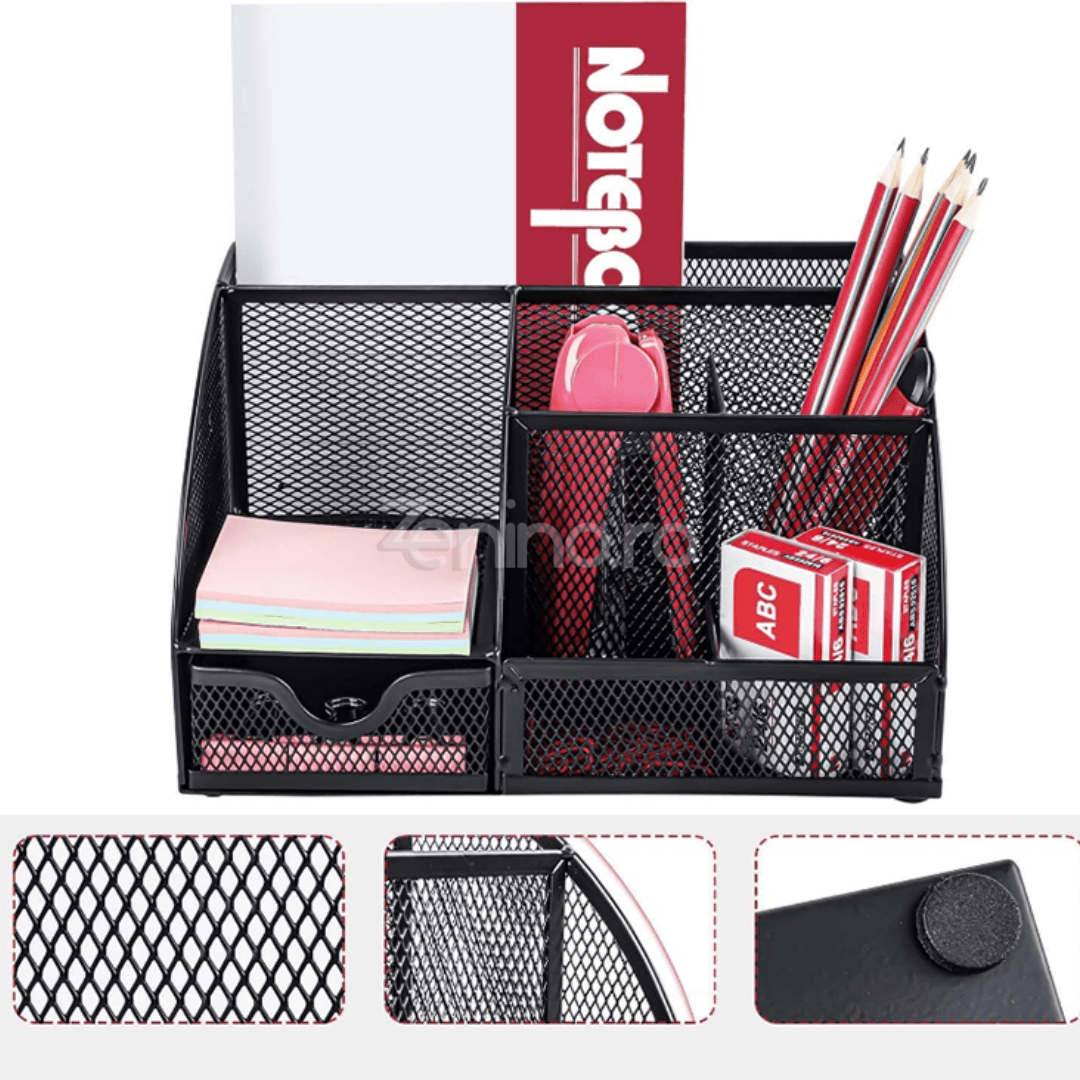 Organizator de Birou, 7 Compartimente, pentru Pixuri, Foi, Accesori Mici, din Plasa Metalica, 22x13cm, Negru