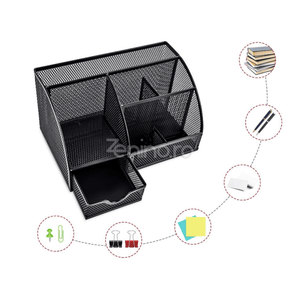 Organizator de Birou, 7 Compartimente, pentru Pixuri, Foi, Accesori Mici, din Plasa Metalica, 22x13cm, Negru