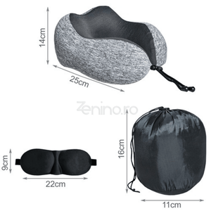 Set Perna de Calatorie, pentru Gat, Masca de Fata, Dopuri de Urechi, Husa Transportare, Model Compact, Confortabil, Gri/Negru