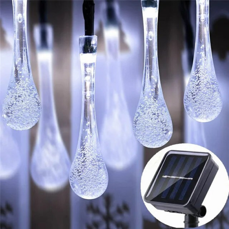 Instalatie Solara, Model Picaturi, 6m, 28 LED-uri, 8 Ore Lumina, Liniara, Alb Cald, Alb Rece si Multicolor, 600mAh