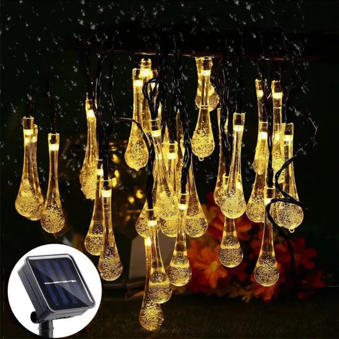 Instalatie Solara, Model Picaturi, 6m, 28 LED-uri, 8 Ore Lumina, Liniara, Alb Cald, Alb Rece si Multicolor, 600mAh