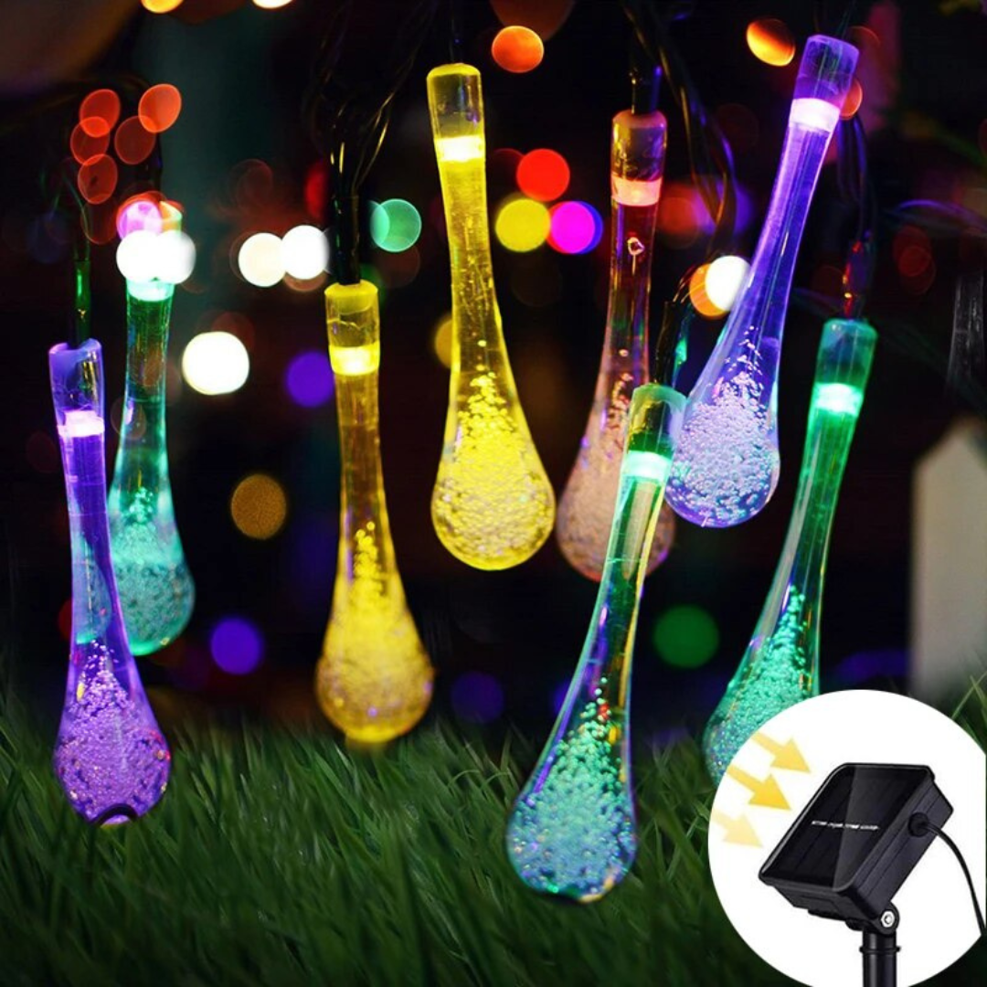Instalatie Solara, Model Picaturi, 6m, 28 LED-uri, 8 Ore Lumina, Liniara, Alb Cald, Alb Rece si Multicolor, 600mAh