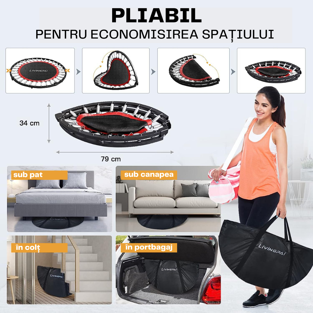 Trambulina Fitness, 32 Arcuri, Pliabil, Maner Reglabil, 3 Benzi de Rezistenta, Corzi Elastice, Geanta Transport, 200kg, Negru