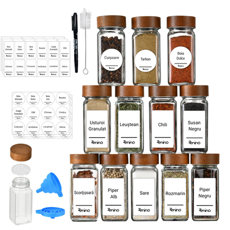Set Recipiente Condimente, Capac din Aluminiu/Lemn, 96 de Etichete Albe in Romana, 12-24 Solnite, Palnie, Marker, 110ml, Sticla