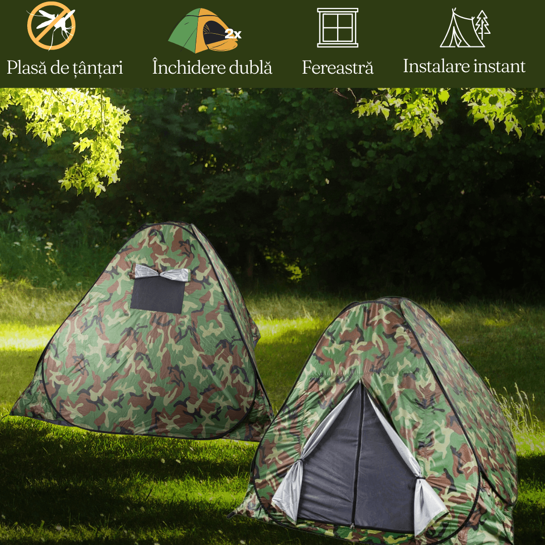 Cort Camping Instant, Capacitate 3-4 Persoane, 200x200cm, Impermeabil, Husa Inclusa, Camuflaj Army