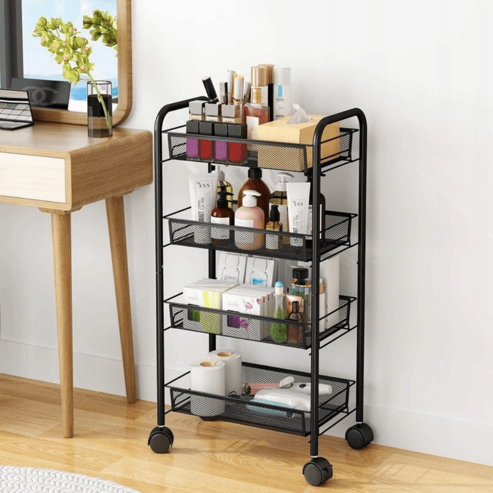 Carucior Depozitare si Organizare, cu 4 Niveluri, Model Versatil, Roti 360 cu Blocare, din Metal, 84x48x27cm, Negru