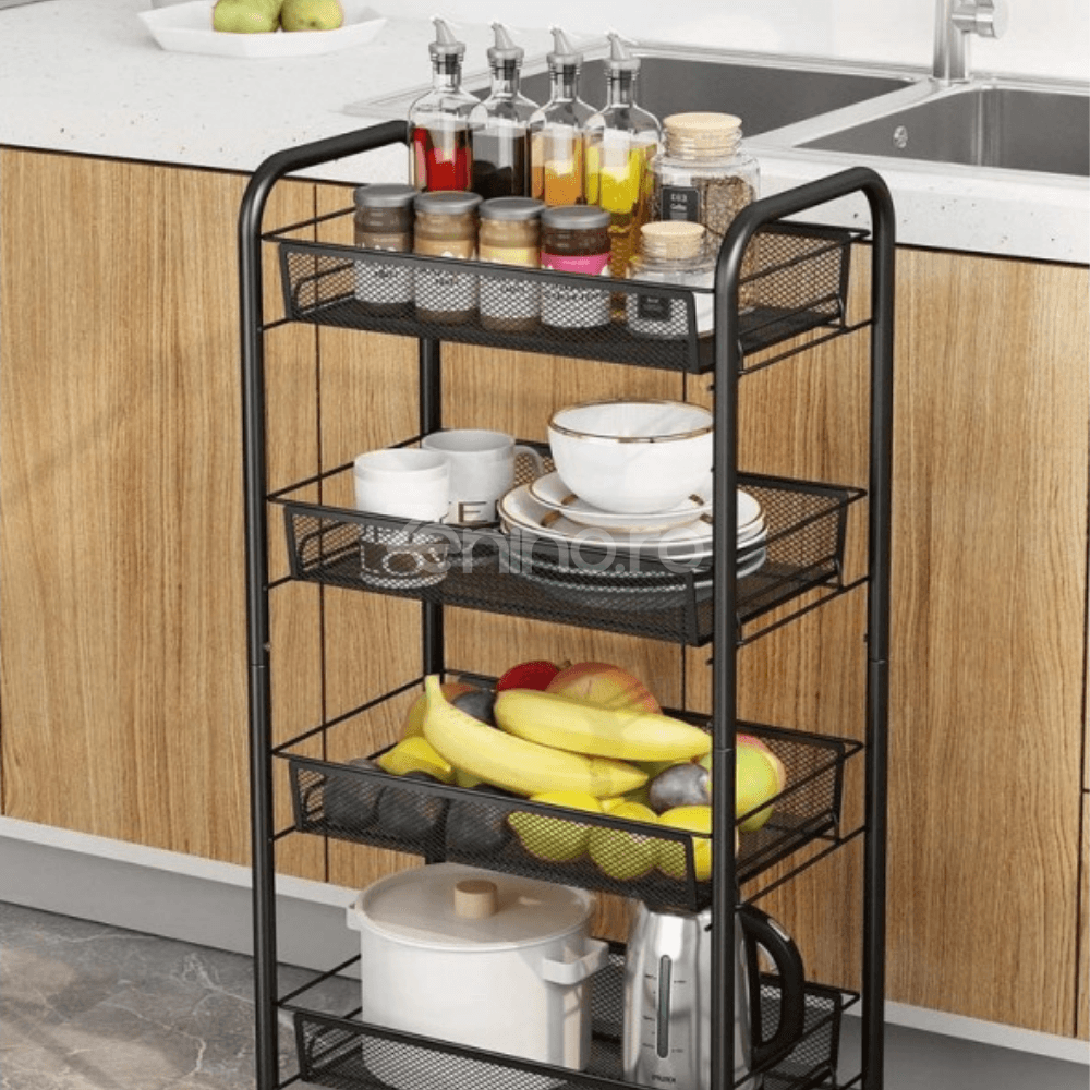 Carucior Depozitare si Organizare, cu 4 Niveluri, Model Versatil, Roti 360 cu Blocare, din Metal, 84x48x27cm, Negru