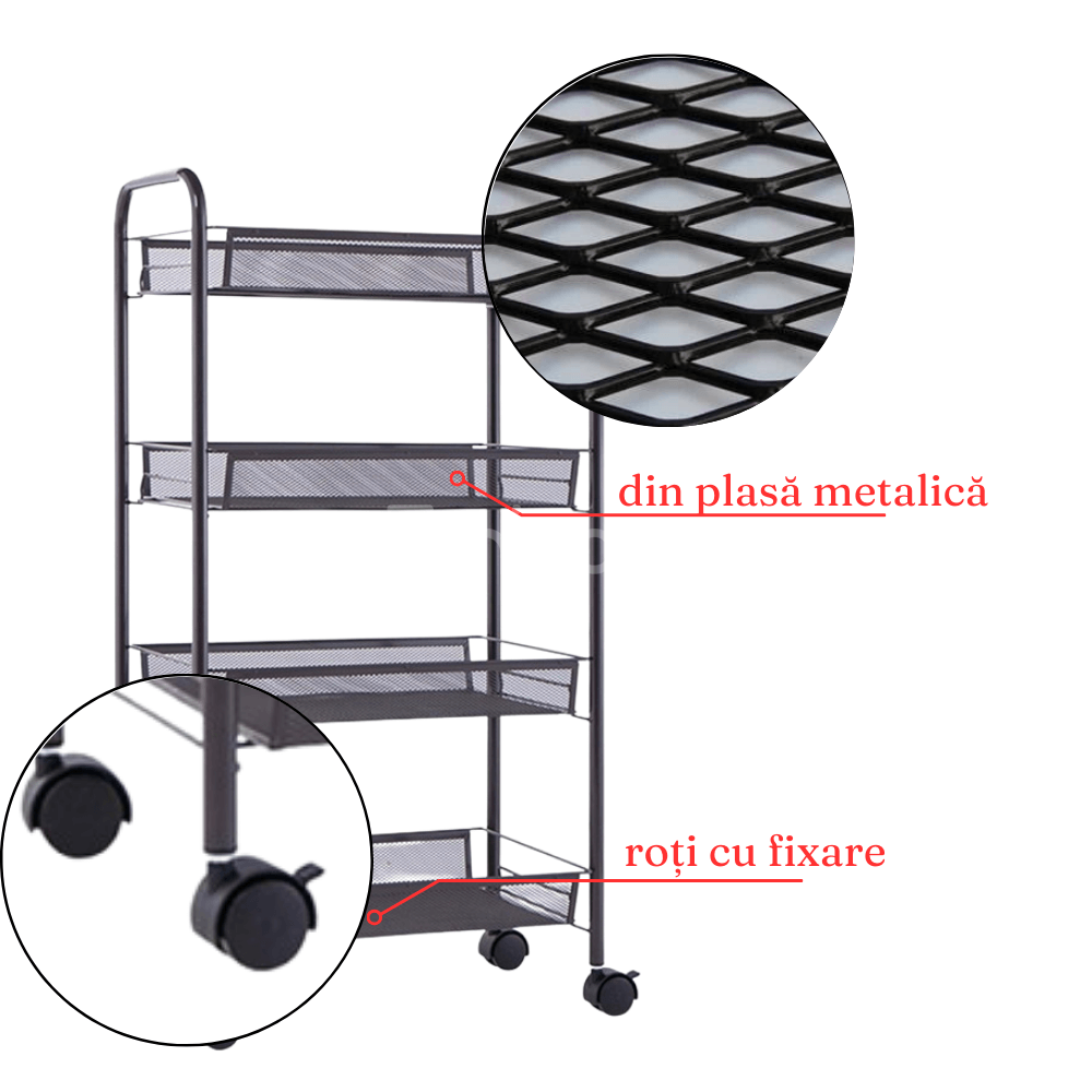 Carucior Depozitare si Organizare, cu 4 Niveluri, Model Versatil, Roti 360 cu Blocare, din Metal, 84x48x27cm, Negru