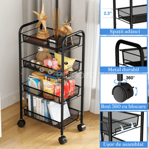 Carucior Depozitare si Organizare, cu 4 Niveluri, Model Versatil, Roti 360 cu Blocare, din Metal, 84x48x27cm, Negru