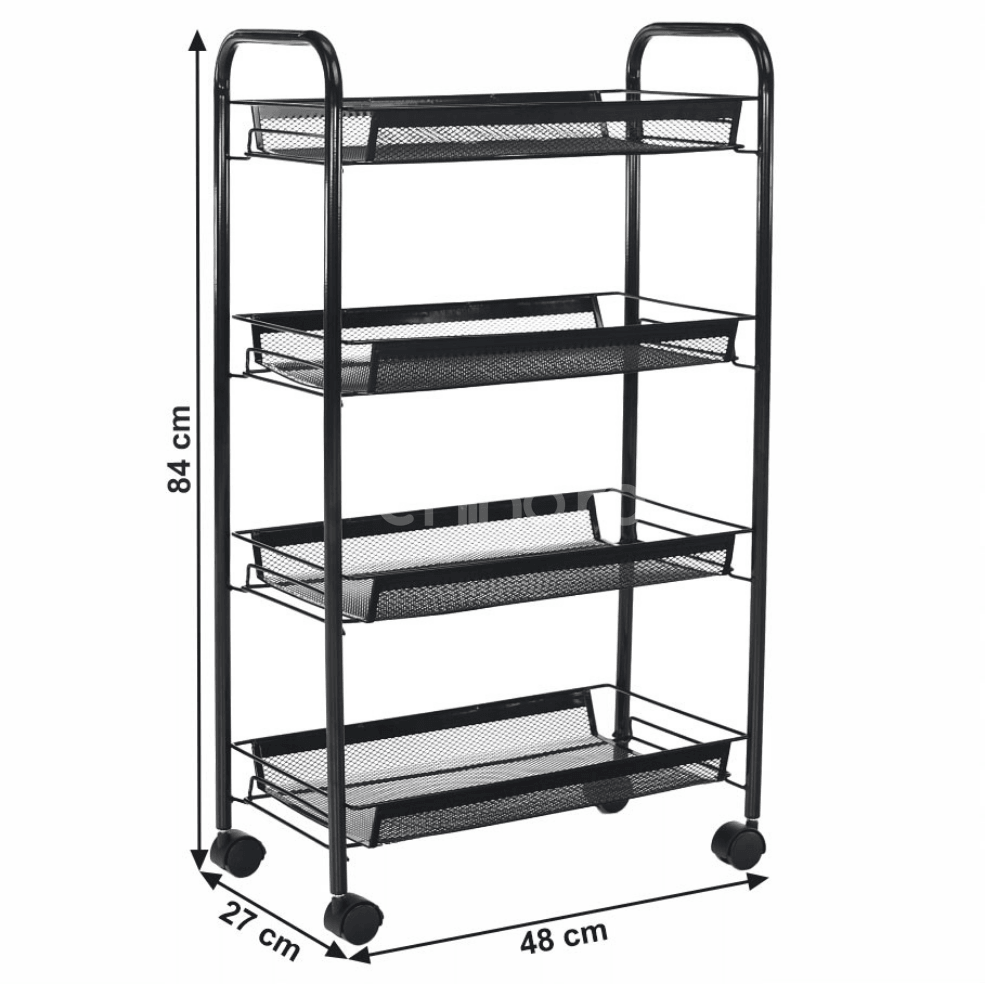 Carucior Depozitare si Organizare, cu 4 Niveluri, Model Versatil, Roti 360 cu Blocare, din Metal, 84x48x27cm, Negru