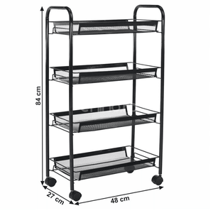 Carucior Depozitare si Organizare, cu 4 Niveluri, Model Versatil, Roti 360 cu Blocare, din Metal, 84x48x27cm, Negru