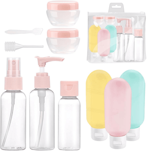 Set 10 Recipiente Calatorie, Capacitate 50-60ml, Organizare Produse, din Plastic si Silicon, pentru Avion, Transparente/Multicolor