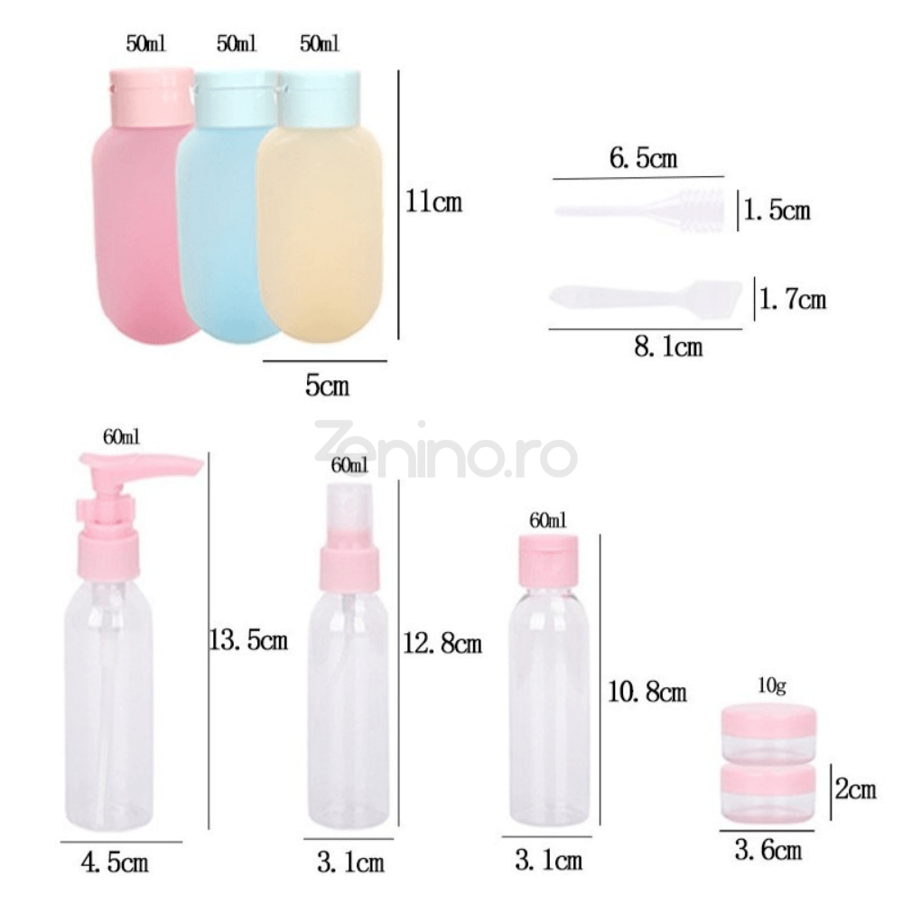 Set 10 Recipiente Calatorie, Capacitate 50-60ml, Organizare Produse, din Plastic si Silicon, pentru Avion, Transparente/Multicolor