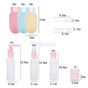 Set 10 Recipiente Calatorie, Capacitate 50-60ml, Organizare Produse, din Plastic si Silicon, pentru Avion, Transparente/Multicolor