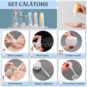 Set 10 Recipiente Calatorie, Capacitate 50-60ml, Organizare Produse, din Plastic si Silicon, pentru Avion, Transparente/Multicolor