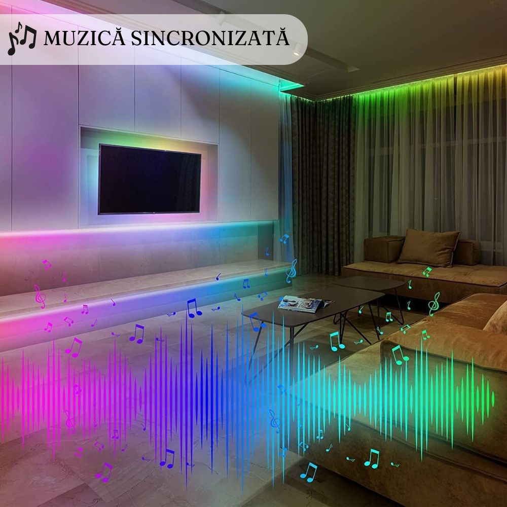 Banda Led Smart RGB, Control prin Aplicatie, Sincronizare Muzica, Interconectabila, cu Telecomanda