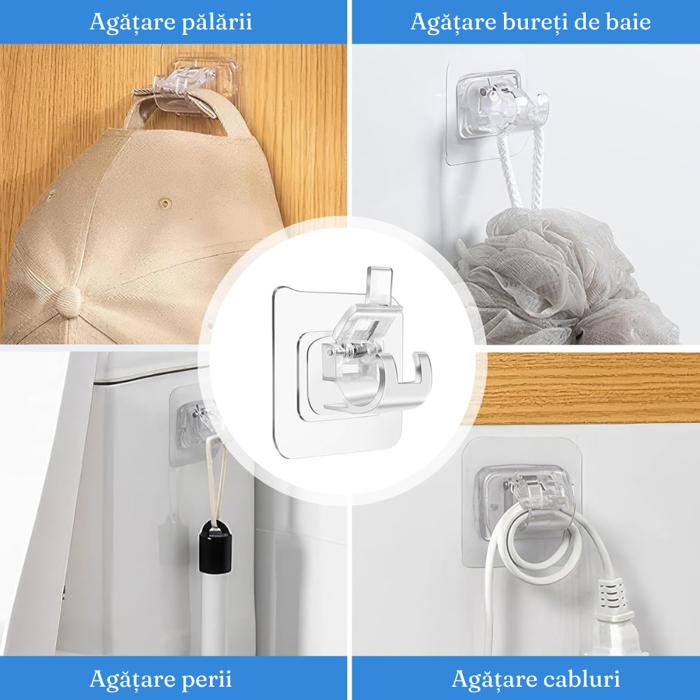 Set Carlige Adezive, Rezistente la Apa, Transparente, Max 5kg., 6cm