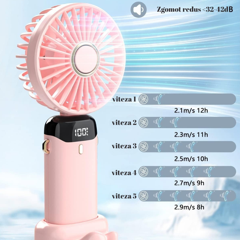 Мини преносим вентилатор, 5 скорости, 12 часа работа, сгъваем модел, USB зареждане