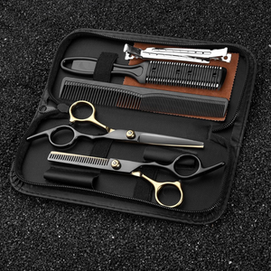 Set de Tuns, 2 Foarfece din Otel, Pieptene, Panza de Catifea, Carcasa, Negru
