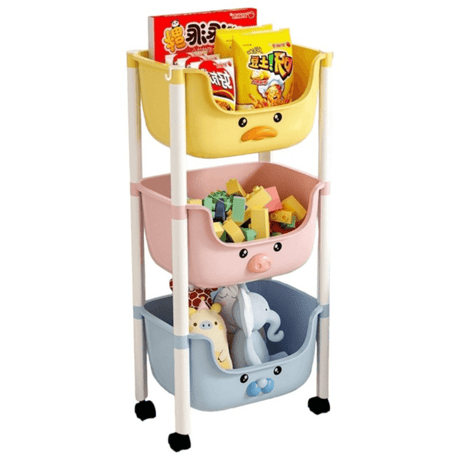 Carucior Organizator Jucarii, 3 Niveluri, Model Animalute 3D, Multifunctional, din Plastic, 85x25.5x37.5cm, Multicolor