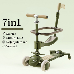 Trotineta Copii 3in1, tip Carucior, Cadru Siguranta, Ghidon Reglabil, Lumini LED, Muzica, Versatil