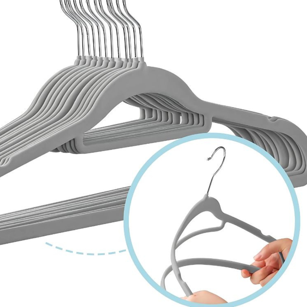 Velvet Hanger Set, Non-Slip, Steel Hook, Maximum Resistance 5 kg, Rounded Edges, Gray