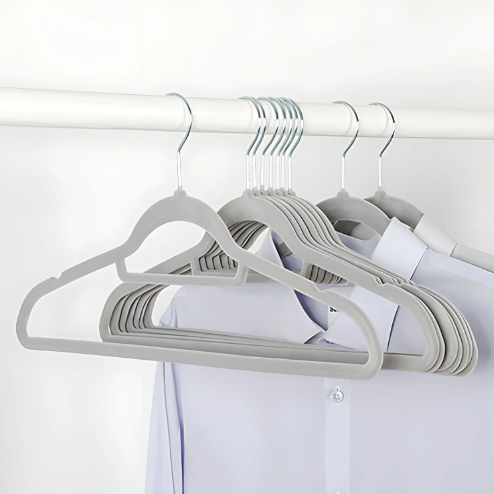 Velvet Hanger Set, Non-Slip, Steel Hook, Maximum Resistance 5 kg, Rounded Edges, Gray