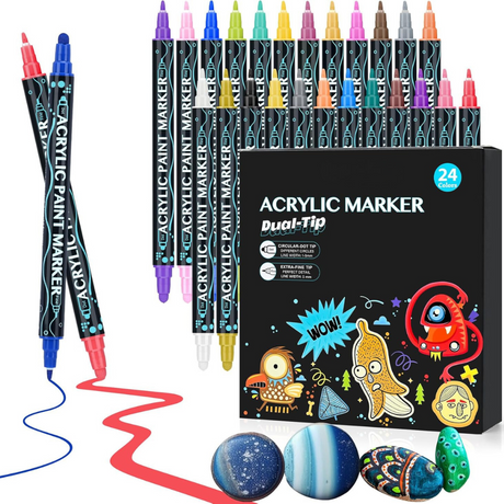 Set Markere Acrilice, Varf Dublu 1-5mm, 24-36 Culori Intense, Multisuprafete