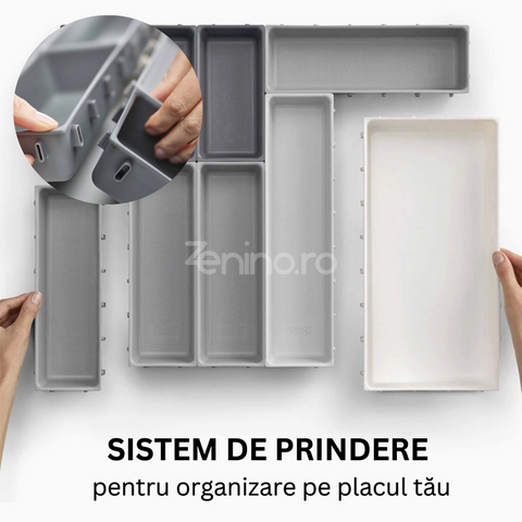 Organizator Sertar, 10 Compartimente, Bucatarie, Unelte, Birotica, Spatios, Sistem Prindere, 52x43.5x5cm, Alb/Gri