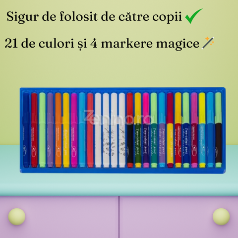 Set 25 Markere pentru Copii, 4 Carioci Magice, 21 Culori, Nuante Schimbatoare, Non-Toxice, Multicolor
