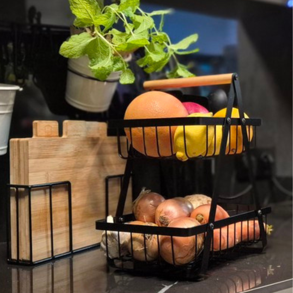 Fruit Basket, 2 Tiers, Wooden Handle, Easy to Install, Metal, Black