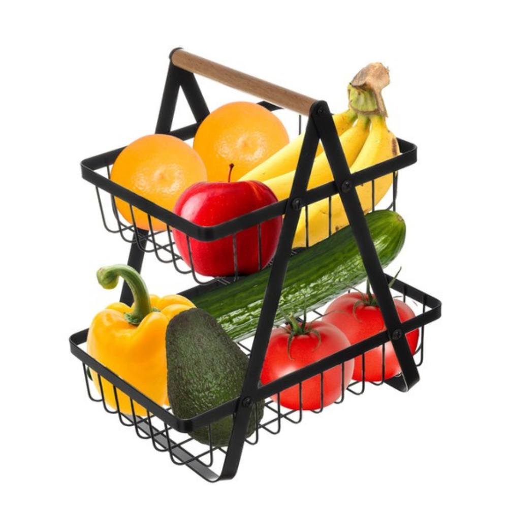 Fruit Basket, 2 Tiers, Wooden Handle, Easy to Install, Metal, Black