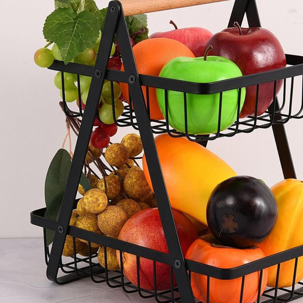 Fruit Basket, 2 Tiers, Wooden Handle, Easy to Install, Metal, Black