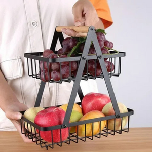 Fruit Basket, 2 Tiers, Wooden Handle, Easy to Install, Metal, Black