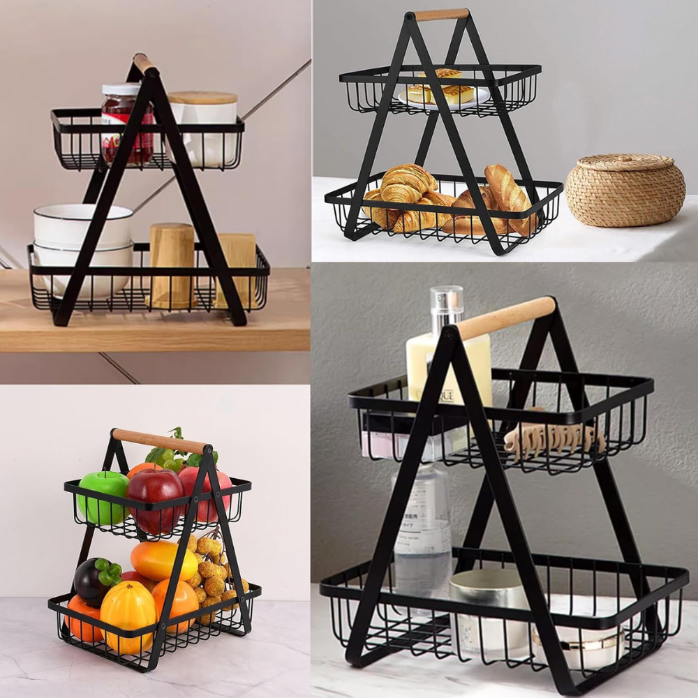 Cos pentru Fructe, 2 Niveluri, Maner de Lemn, Usor de Instalat, din Metal, Negru
