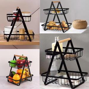 Fruit Basket, 2 Tiers, Wooden Handle, Easy to Install, Metal, Black
