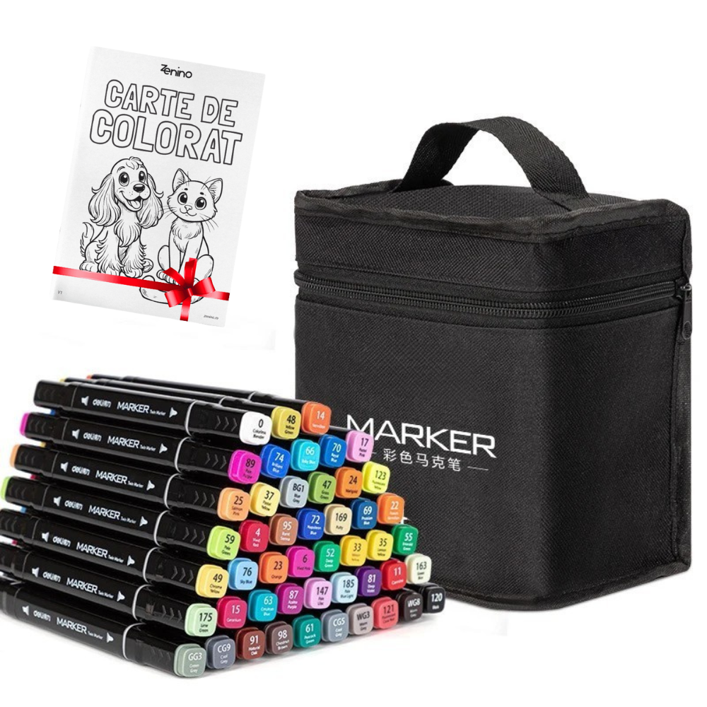 Set Markere + Carte de Colorat CADOU, Varf Dublu, Culori Intense, Geanta de Depozitare, Multicolor