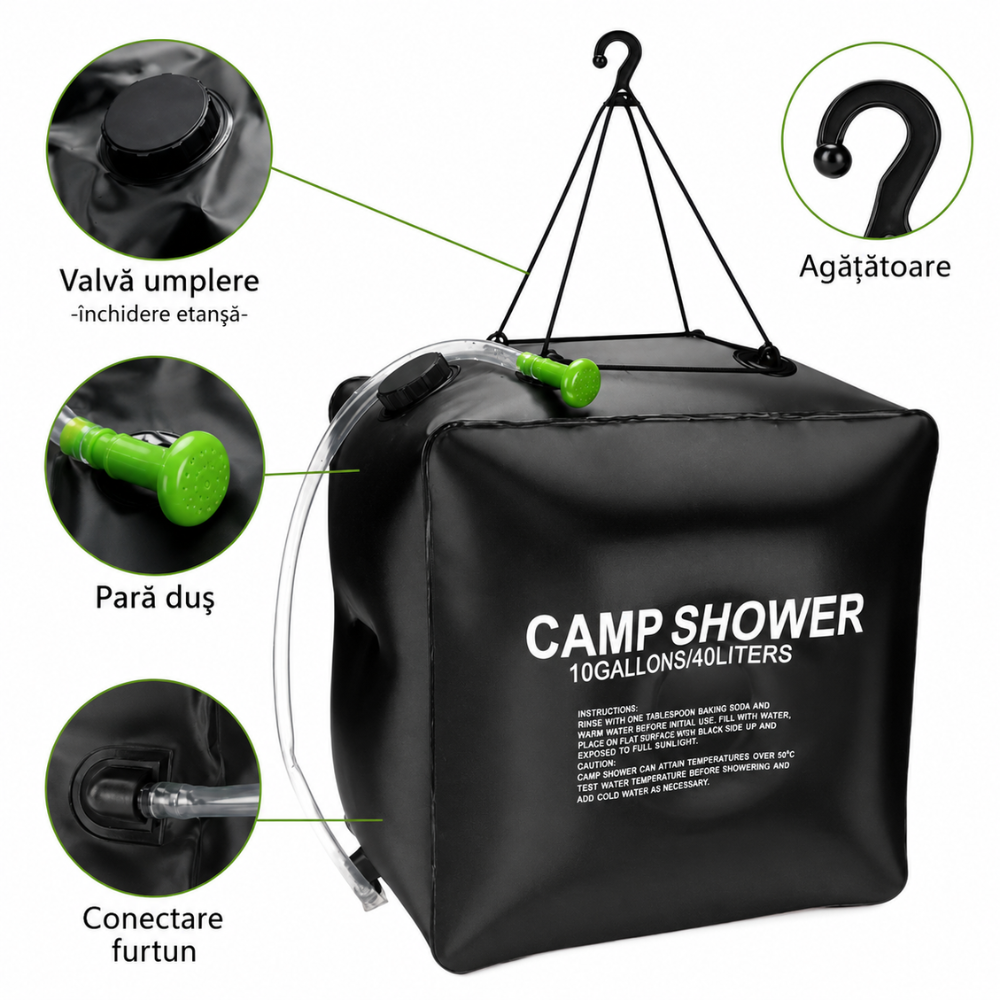 Dus Portabil cu Incalzire Solara, 20L, 40L, pentru Camping, Maner Agatare