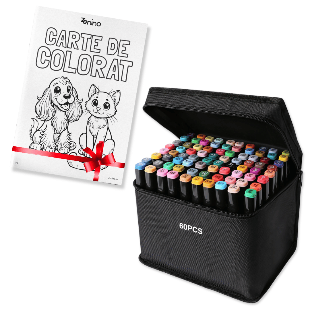 Set Markere + Carte de Colorat Cadou, Varf Dublu, Culori Intense