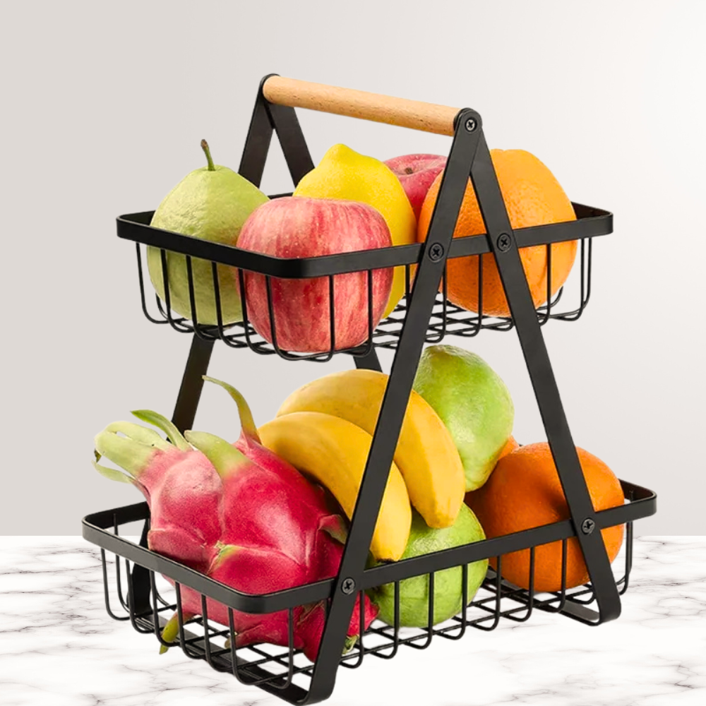 Fruit Basket, 2 Tiers, Wooden Handle, Easy to Install, Metal, Black