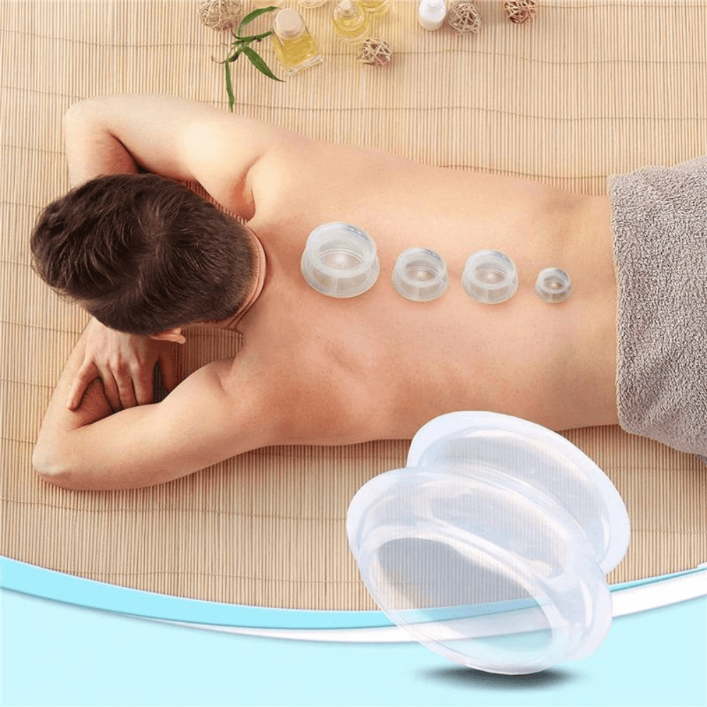 Set of 4 Massage Cupping Cups, Therapeutic, Anti-Cellulite, Relaxation, Soft Silicone, Transparent/Blue