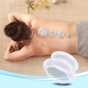 Set of 4 Massage Cupping Cups, Therapeutic, Anti-Cellulite, Relaxation, Soft Silicone, Transparent/Blue