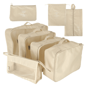 Set of 8 Luggage Organizers, Shoe Bag, Makeup Bag, Waterproof Material, Zipper Closure, for Travel, Gray, Cream