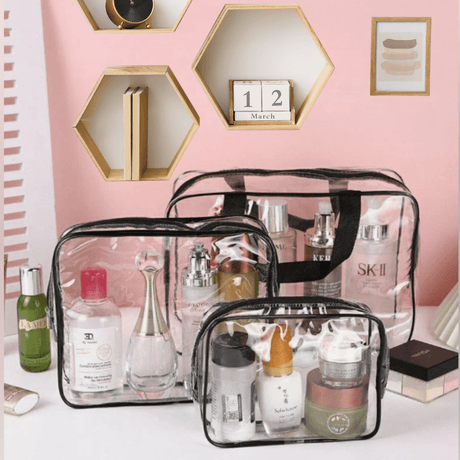 Set of 3 Cosmetic Organizer Bags, Waterproof, 3 Different Sizes, PVC, Travel, Transparent