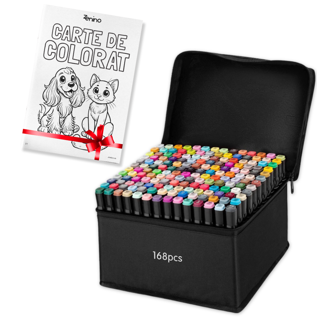 Set Markere + Carte de Colorat Cadou, Varf Dublu, Culori Intense